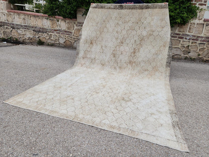 7x10 Turkish Oushak Rug: Neutral Geometric Wool Area Rug