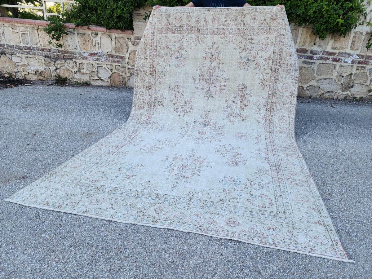 Hand Knotted Oushak Rug 6x10: Turkish Wool Neutral Area Rug