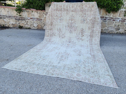 Hand Knotted Oushak Rug 6x10: Turkish Wool Neutral Area Rug