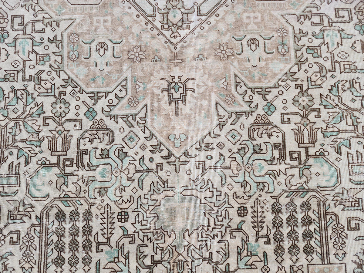 Vintage Neutral Rug 9x12, Up Cycled Wool, Hand Knotted Geometric Design, Brown and Beige