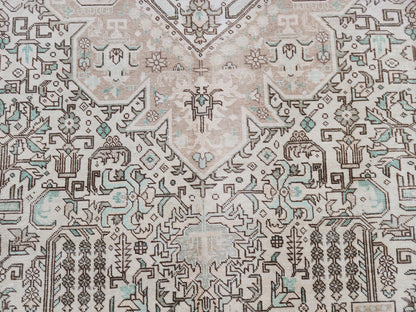 Vintage Neutral Rug 9x12, Up Cycled Wool, Hand Knotted Geometric Design, Brown and Beige