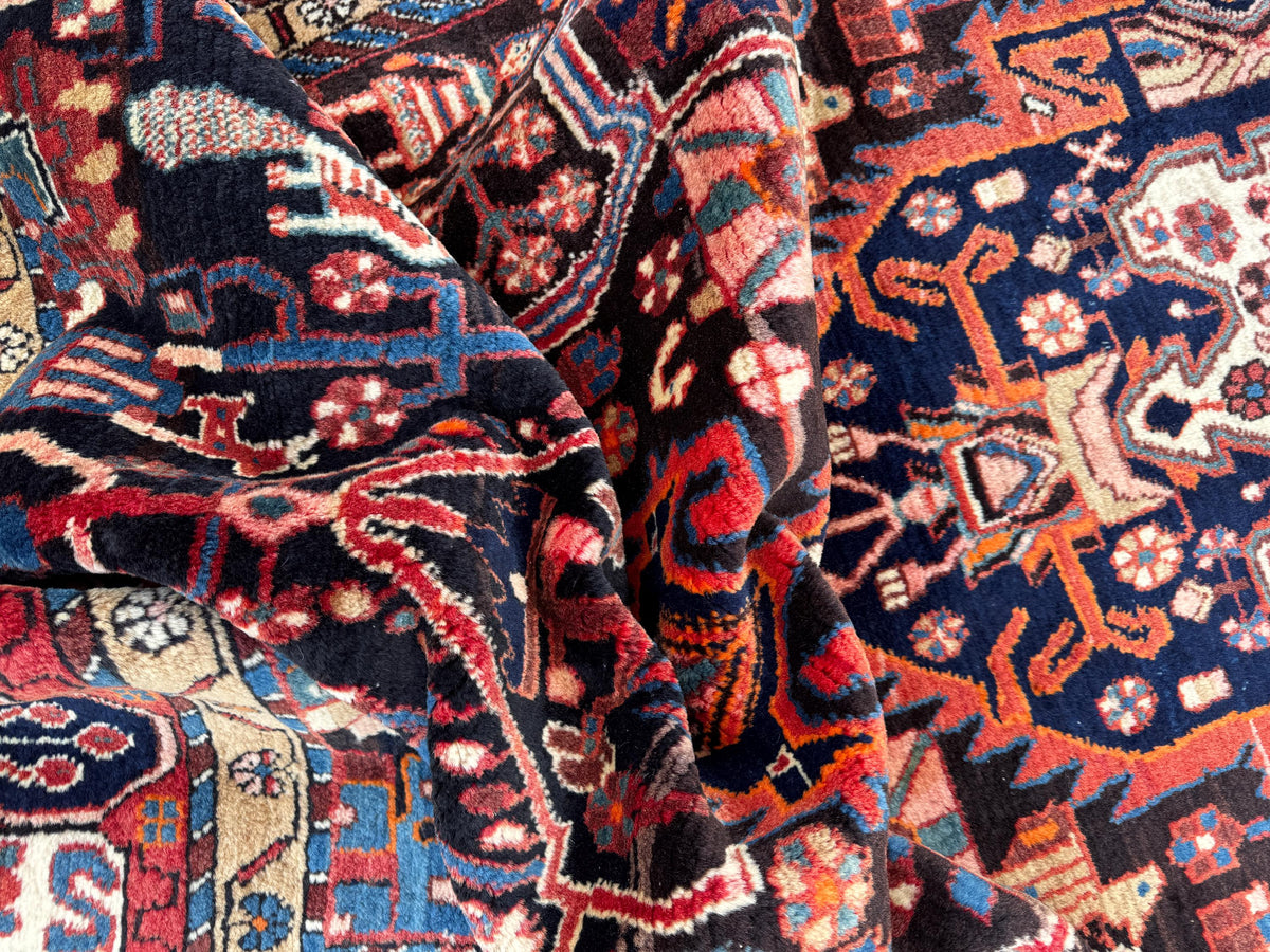 Antique Heriz Rug 5x10: Soft Wool Hand Knotted, Navy and Faded Red