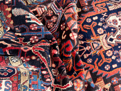 Antique Heriz Rug 5x10: Soft Wool Hand Knotted, Navy and Faded Red