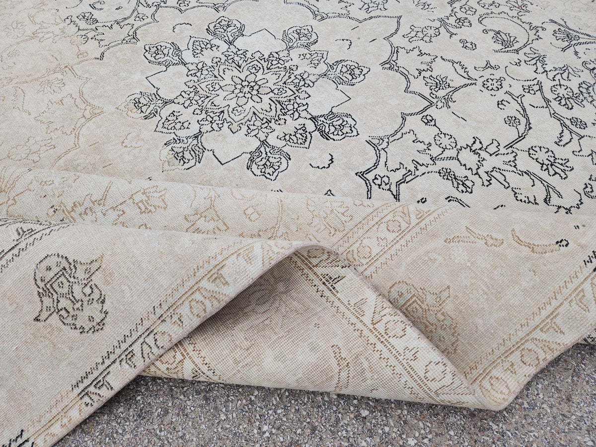 Beige Vintage Rug, 9×12, Hand-Knotted Oriental, Traditional Turkish Living Room Carpet