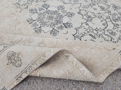 Beige Vintage Rug, 9×12, Hand-Knotted Oriental, Traditional Turkish Living Room Carpet