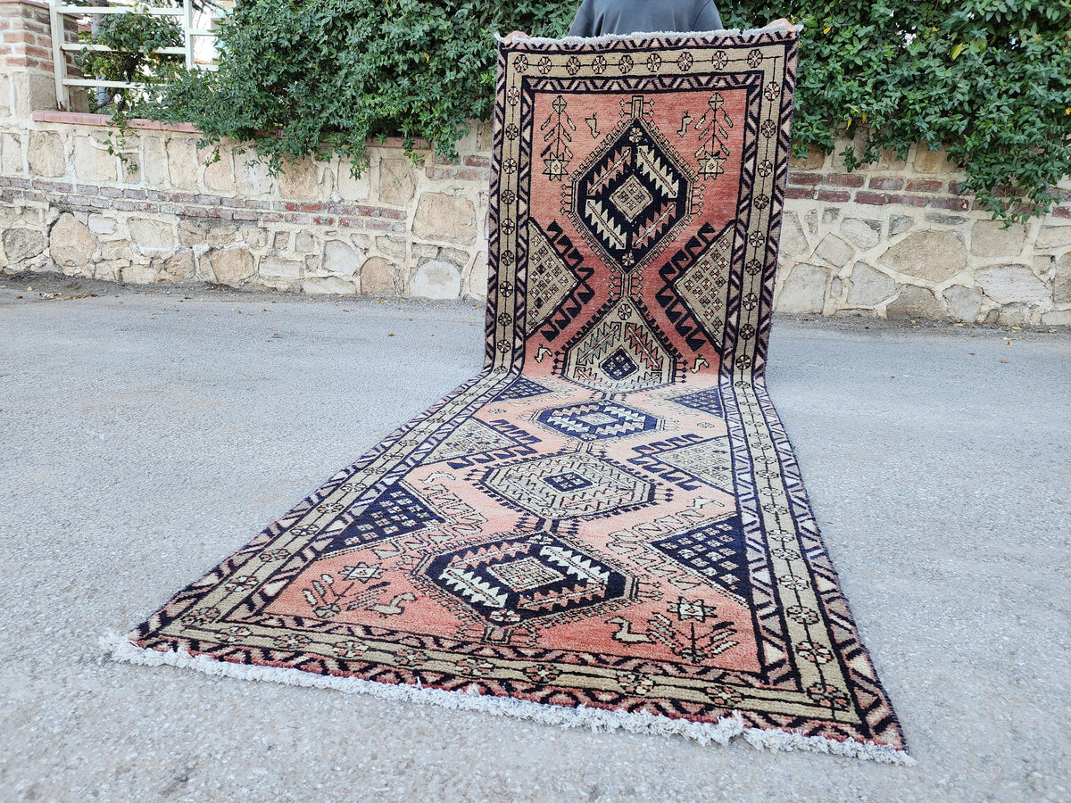 3x10 Hand Made Runner Rug: Persian Medallion Design Rug, Faded Red and Blue Border