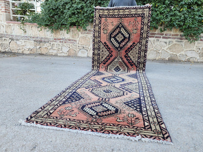 3x10 Hand Made Runner Rug: Persian Medallion Design Rug, Faded Red and Blue Border