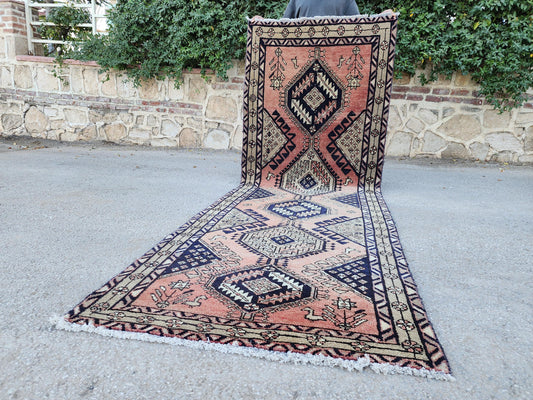 3x10 Hand Made Runner Rug: Persian Medallion Design Rug, Faded Red and Blue Border