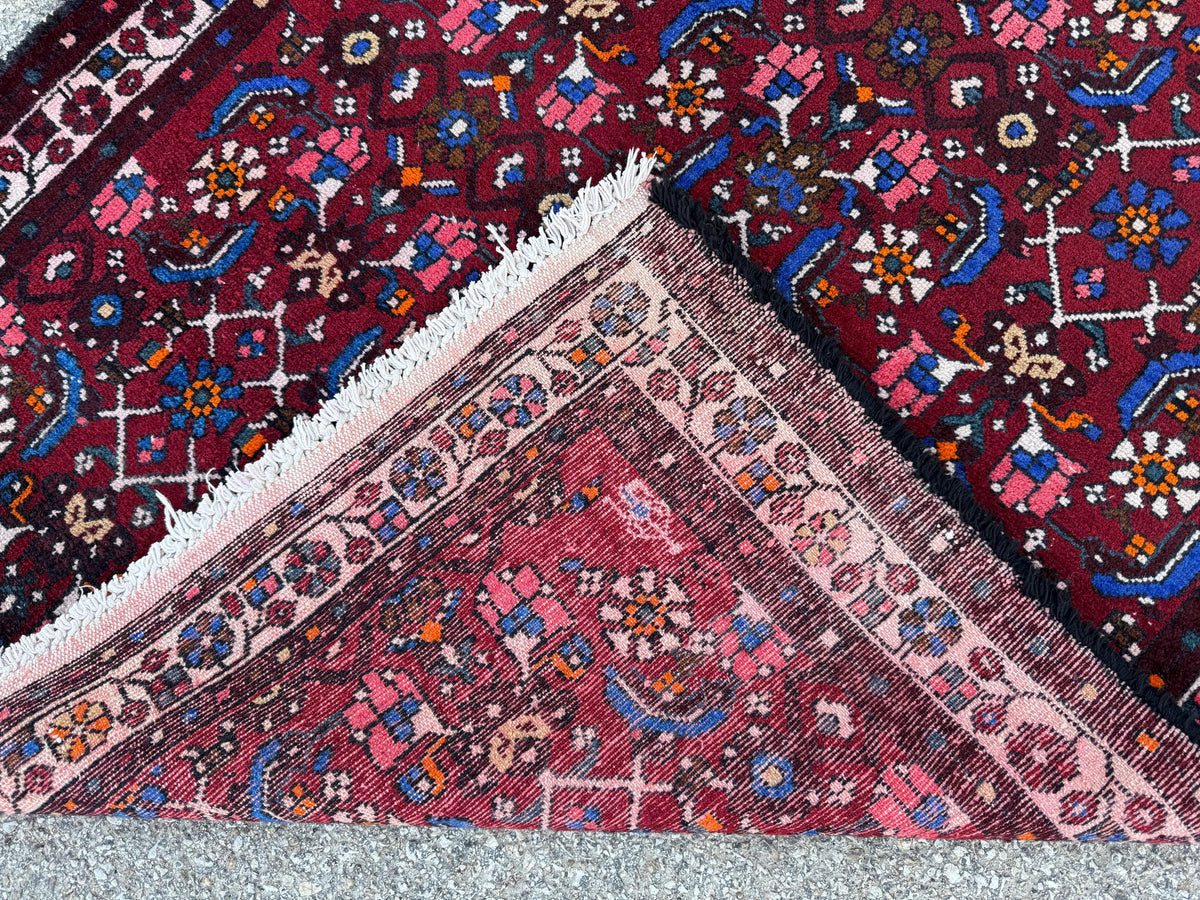4x9 Oriental Runner Rug: Handwoven Red Wool Hallway with Vintage Floral & Geometric Pattern