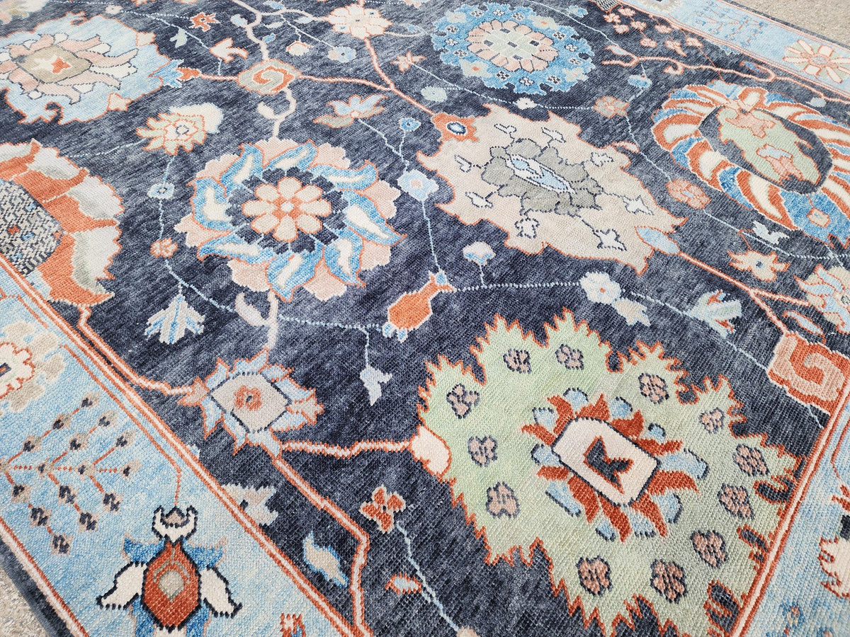 8x10.5 ft Turkish Oushak Wool Rug – Navy & Blue, Living Room