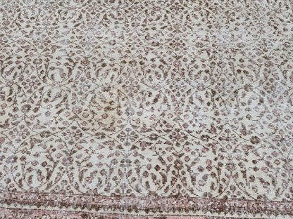 Handmade Oushak Wool Rug 7x10: Vintage Turkish Beige Carpet