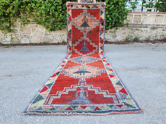 Wool Herki Runner 3x10, Hand Knotted Rustic Decor, Pastel Colors, Gift For Mom