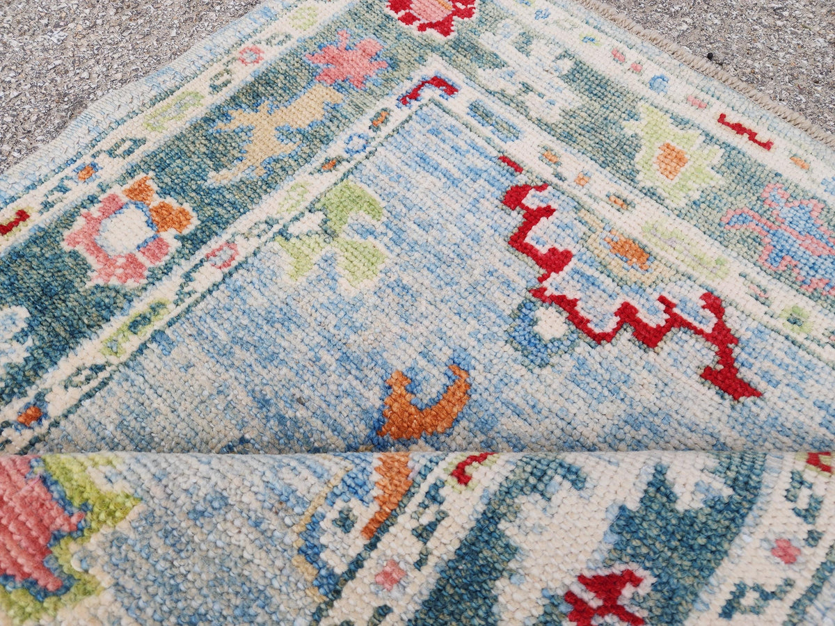 Handwoven Oushak Wool Rug 3x4, Light Blue Floral Entryway Rug