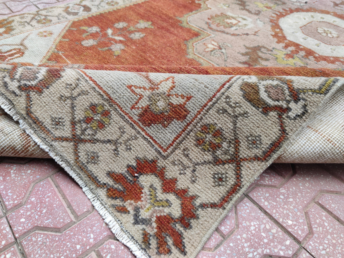 Vintage Oushak Rug 4x8: Hand-Knotted Wool Hallway Carpet
