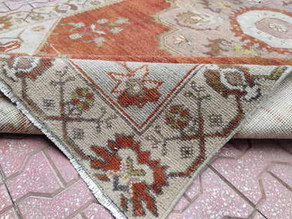 Vintage Oushak Rug 4x8: Hand-Knotted Wool Hallway Carpet