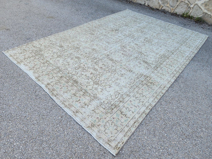 7x10 Vintage Oushak Rug: Hand-Knotted Wool, Distressed Beige Carpet