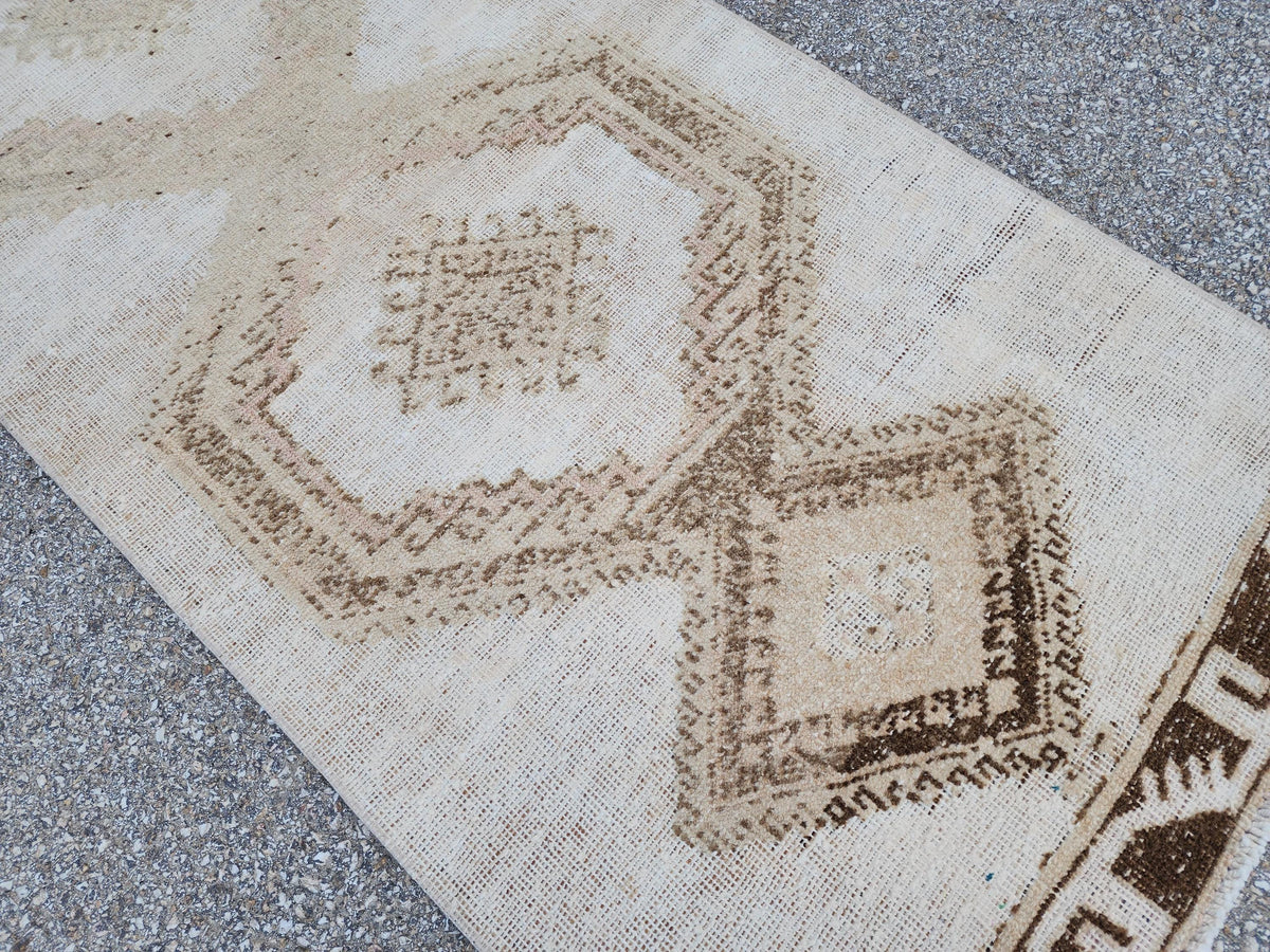 Neutral Runner Rug 3x13, Hand Knotted Rustic Boho Decor, White and Brown