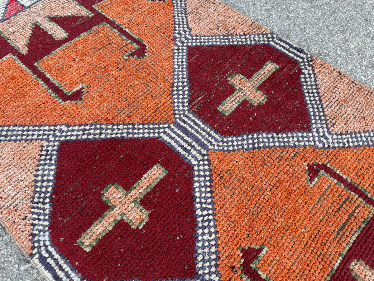 3x10 Herki Runner Rug: Vintage Handwoven Wool in Burnt Orange and Green Tribal Motifs