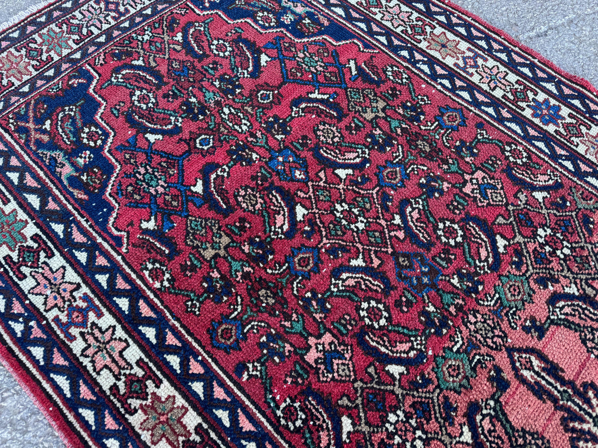Vintage Wool Runner Rug 3x11: Oriental Hand Knotted, Navy and Faded Red