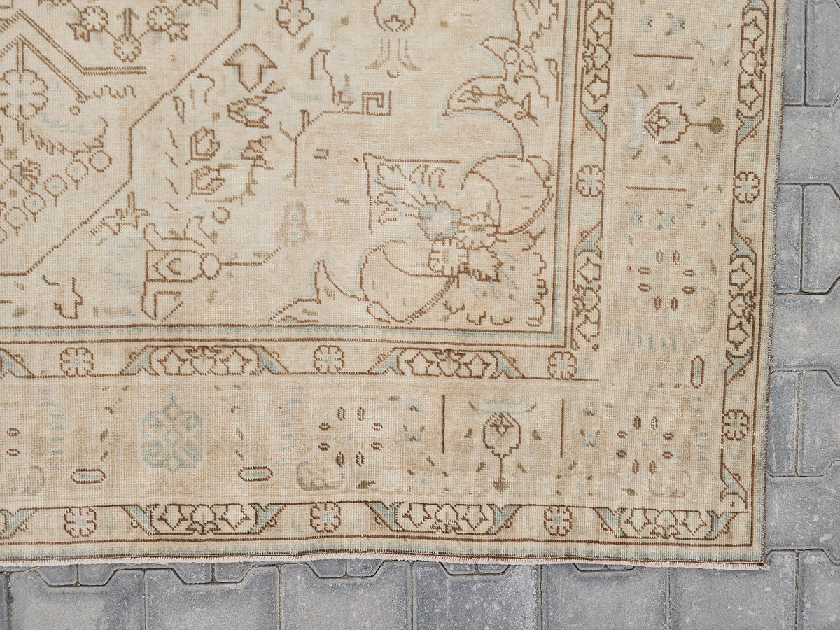 9x12 Vintage Turkish Wool Rug: Handmade Grey Cream Persian Rug