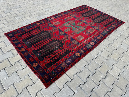 Handwoven Wool Area Rug 5x9: Red Bohemian Oriental Rug