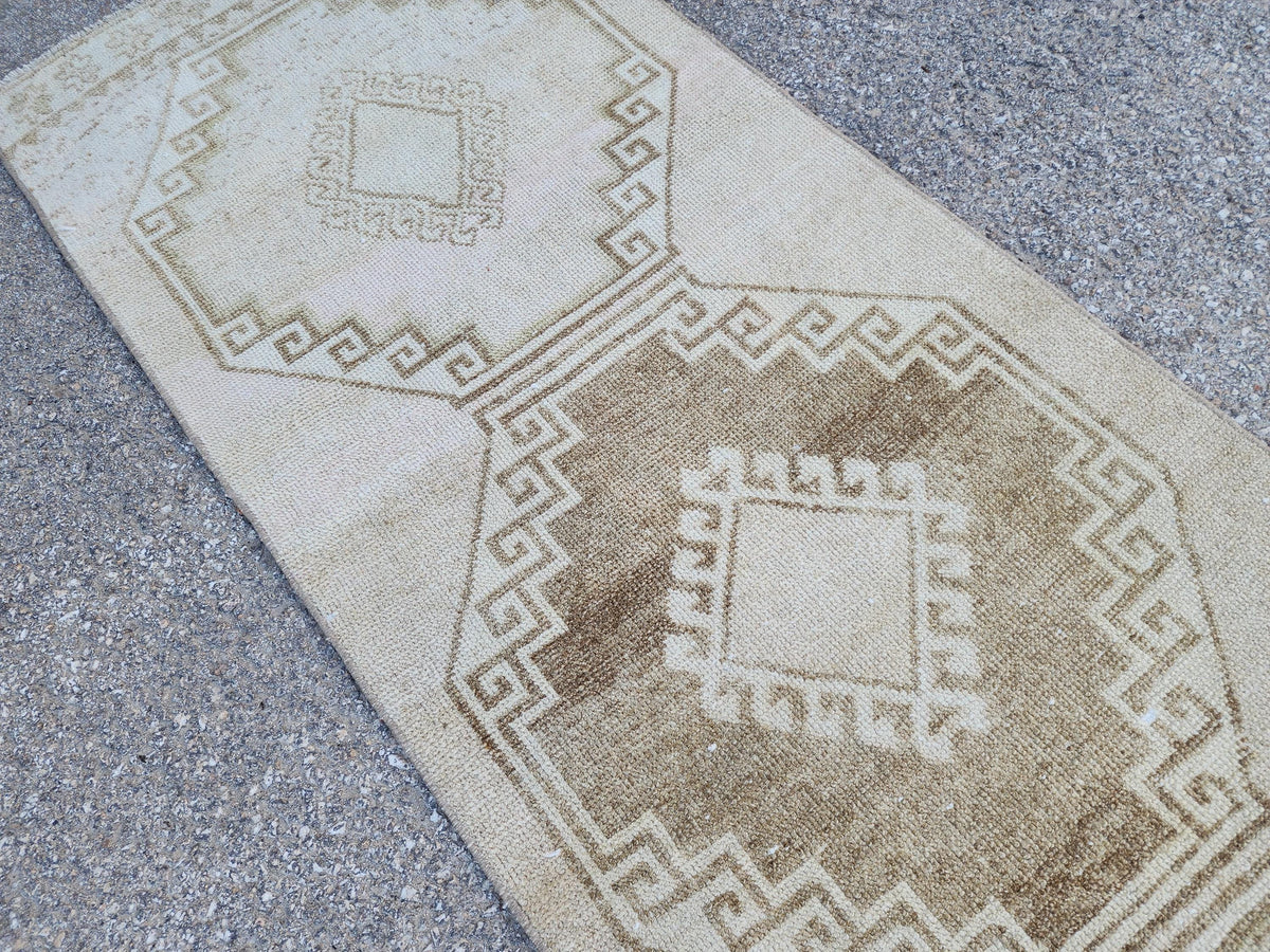 2x12 Neutral Rug, Hand Knotted Wool Turkish Runner, Farmhouse Stair Decor