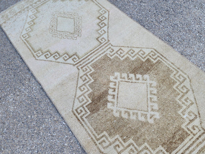 2x12 Neutral Rug, Hand Knotted Wool Turkish Runner, Farmhouse Stair Decor