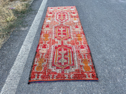Vintage Herki Runner Rug 3x9: Handcrafted Bohemian Hallway Rug