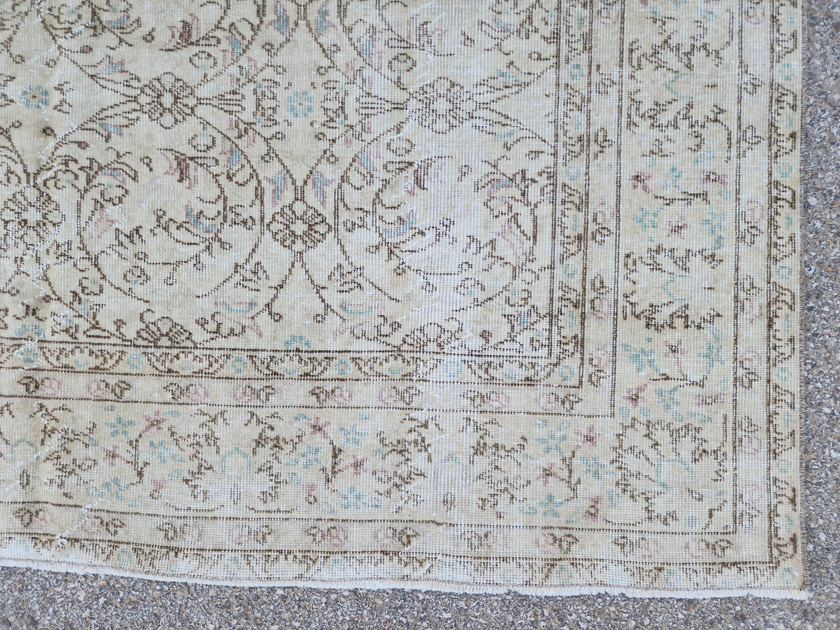 7x10 Vintage Oushak Rug: Hand-Knotted Wool, Distressed Beige Carpet