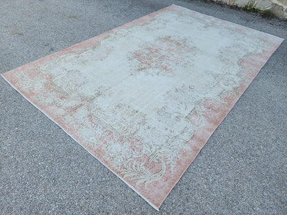 Vintage Turkish Oushak Rug 7x10: Hand-Knotted Wool, Distressed Beige
