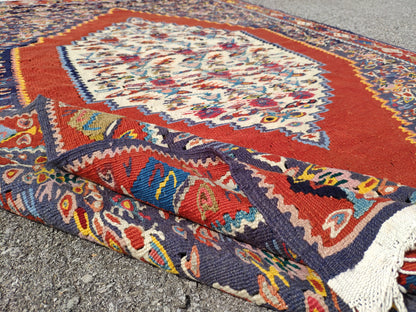 Antique Kilim Rug 4x6: Navy Blue Medallion, Oriental Style