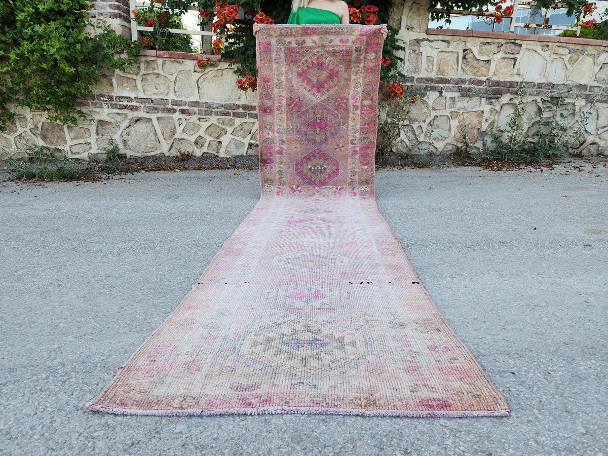 Turkish Runner Rug 2.7x11.2 ft, Soft Wool Pink Color, Hallway Rustic Decor