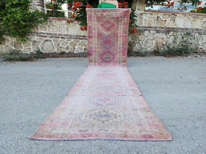 Turkish Runner Rug 2.7x11.2 ft, Soft Wool Pink Color, Hallway Rustic Decor