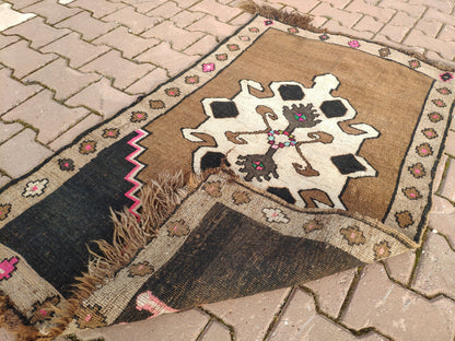 Handwoven Wool Kars Vintage Rug: Bohemian Brown Accent Rug (2.03x3.51)