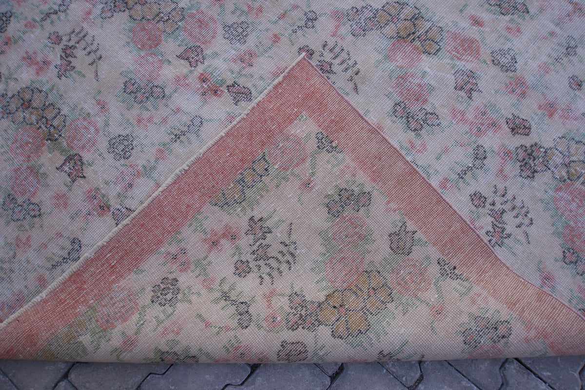 7x10 Neutral Rug, Hand Woven Beige and Faded Red Wool, Living Room Decor