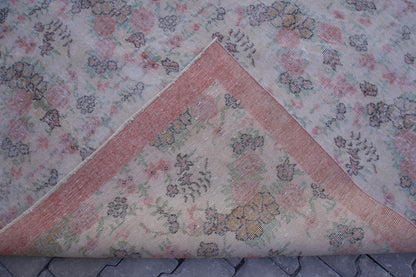 7x10 Neutral Rug, Hand Woven Beige and Faded Red Wool, Living Room Decor