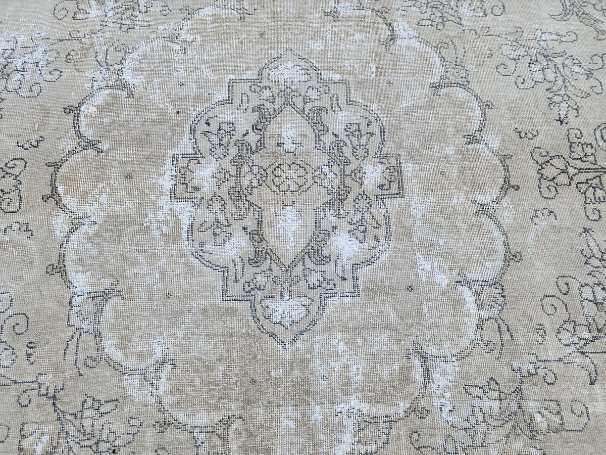 Vintage Oriental Rug 9x12: Beige And Brown Wool, Medallion Persian Border Design, Hand Knotted