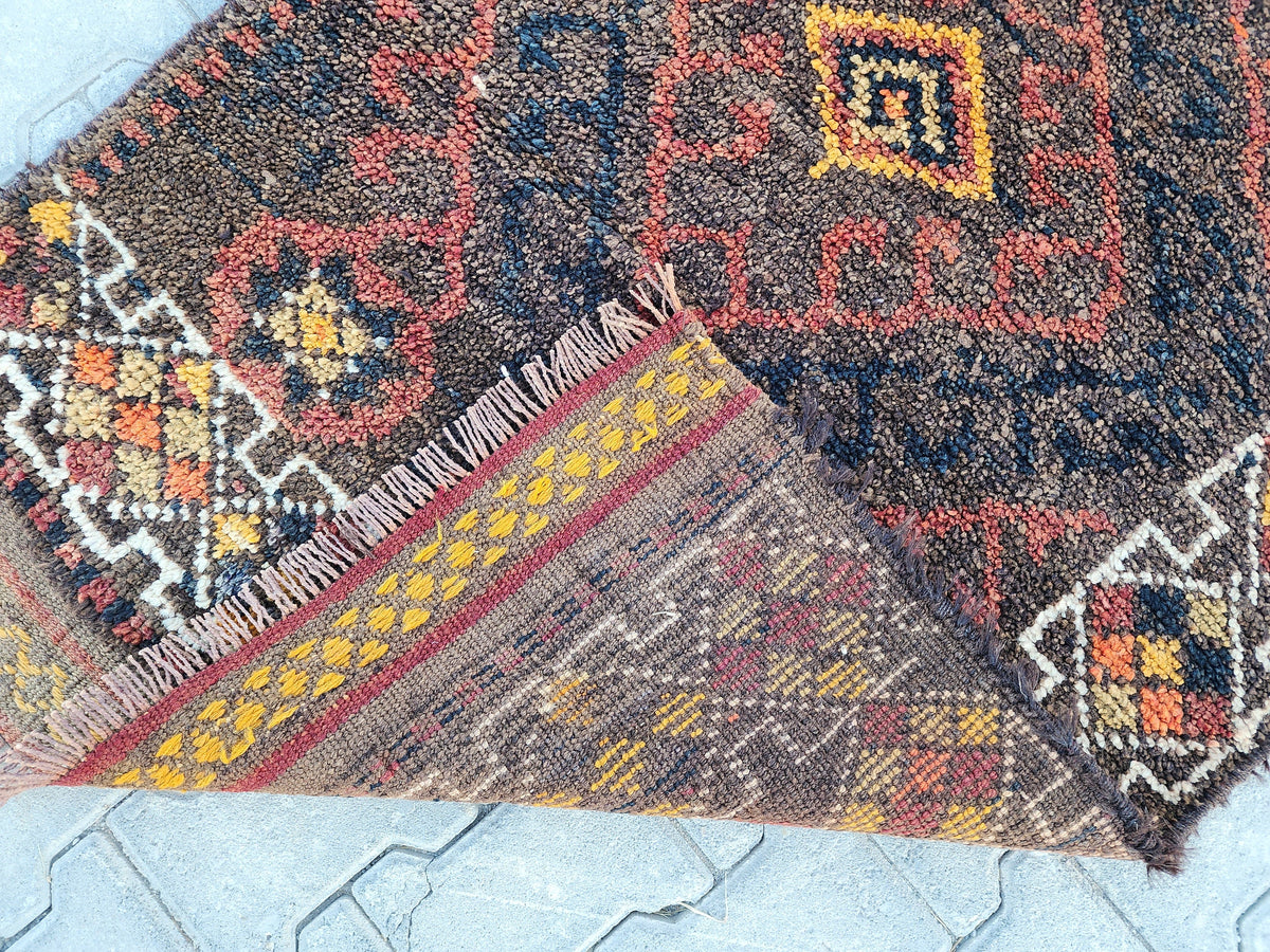 3x9 Vintage Herki Wool Runner Rug: Turkish Bohemian Hallway Rug