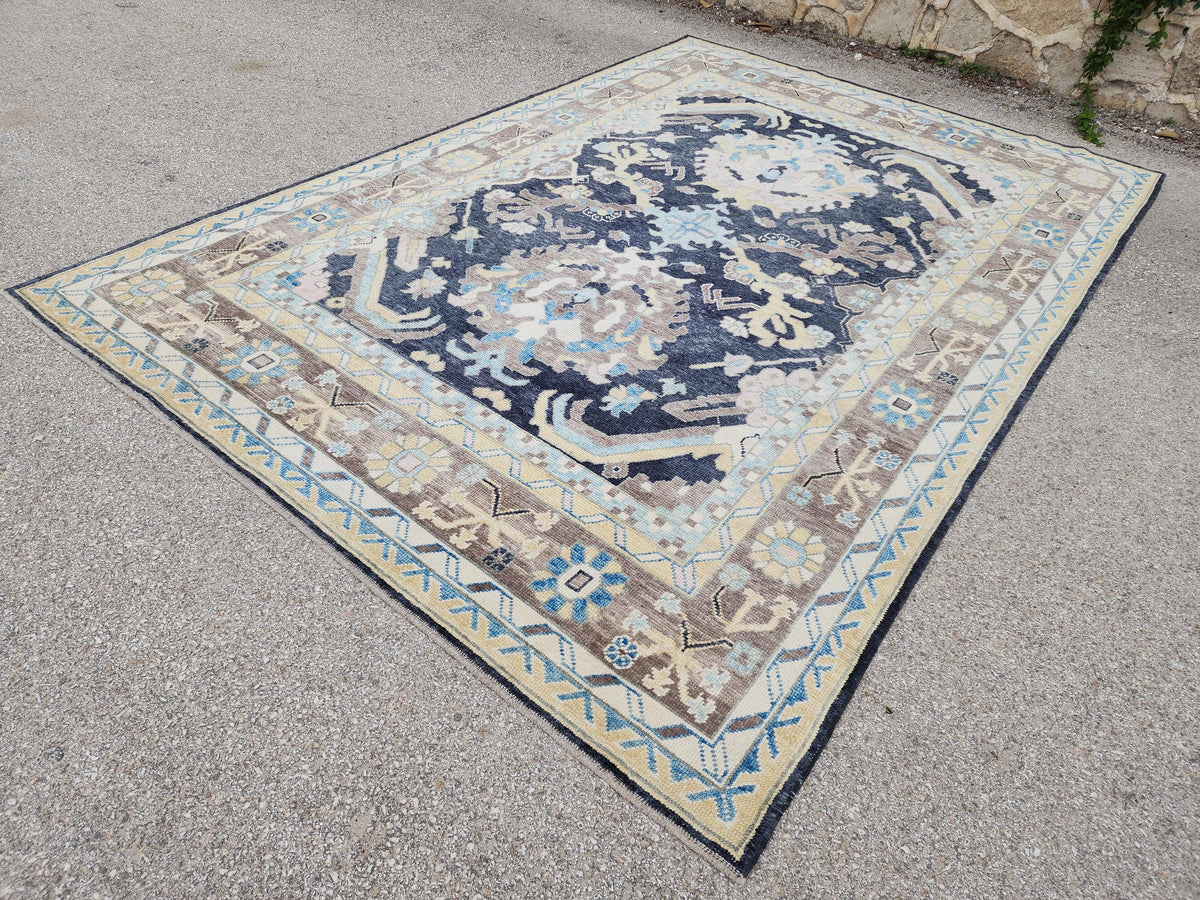 8x11 Navy Blue Oushak Rug: Handwoven Turkish Wool Medallion design, Patina Blue Home Decor
