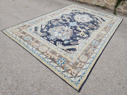 8x11 Navy Blue Oushak Rug: Handwoven Turkish Wool Medallion design, Patina Blue Home Decor