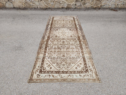 4x10 Neutral Brown Runner Rug, Hand Knotted Rustic Decor, Persian Boho Design