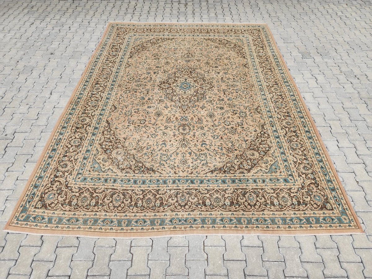 Neutral Persian Rug 9x12, Beige & Green Hand-Knotted, Neutral Living Room Decor