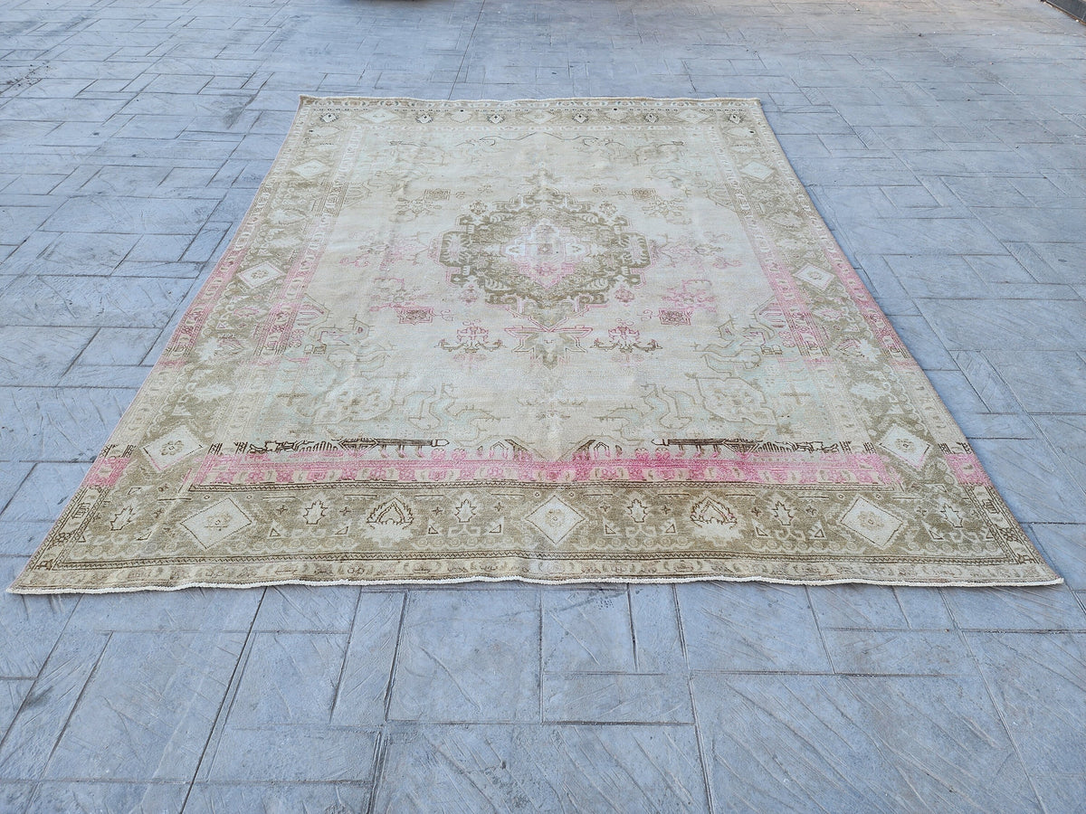 Hand Knotted Wool Vintage Rug: 10x13 Neutral Pink Cream Oversized Area Rug