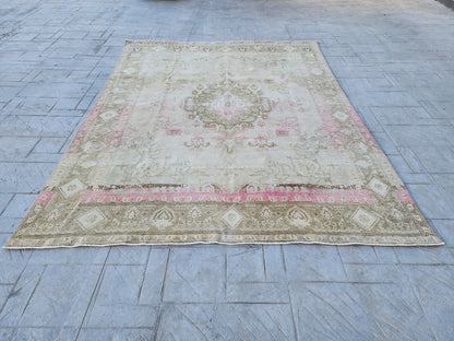 Hand Knotted Wool Vintage Rug: 10x13 Neutral Pink Cream Oversized Area Rug