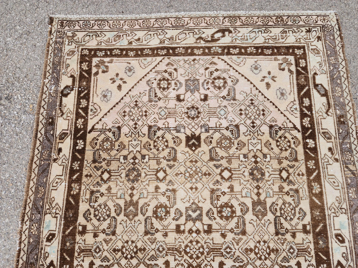 4x10 Neutral Brown Runner Rug, Hand Knotted Rustic Decor, Persian Boho Design