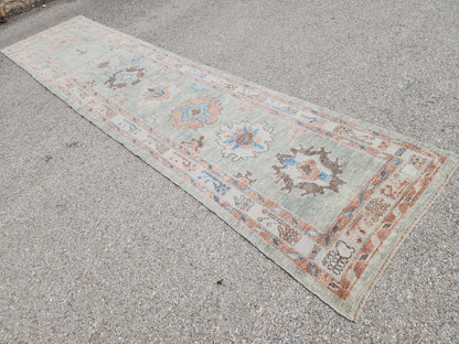 3x13 Oushak Runner Rug: Handwoven Turkish Wool, Soft Green, Eco Friendly