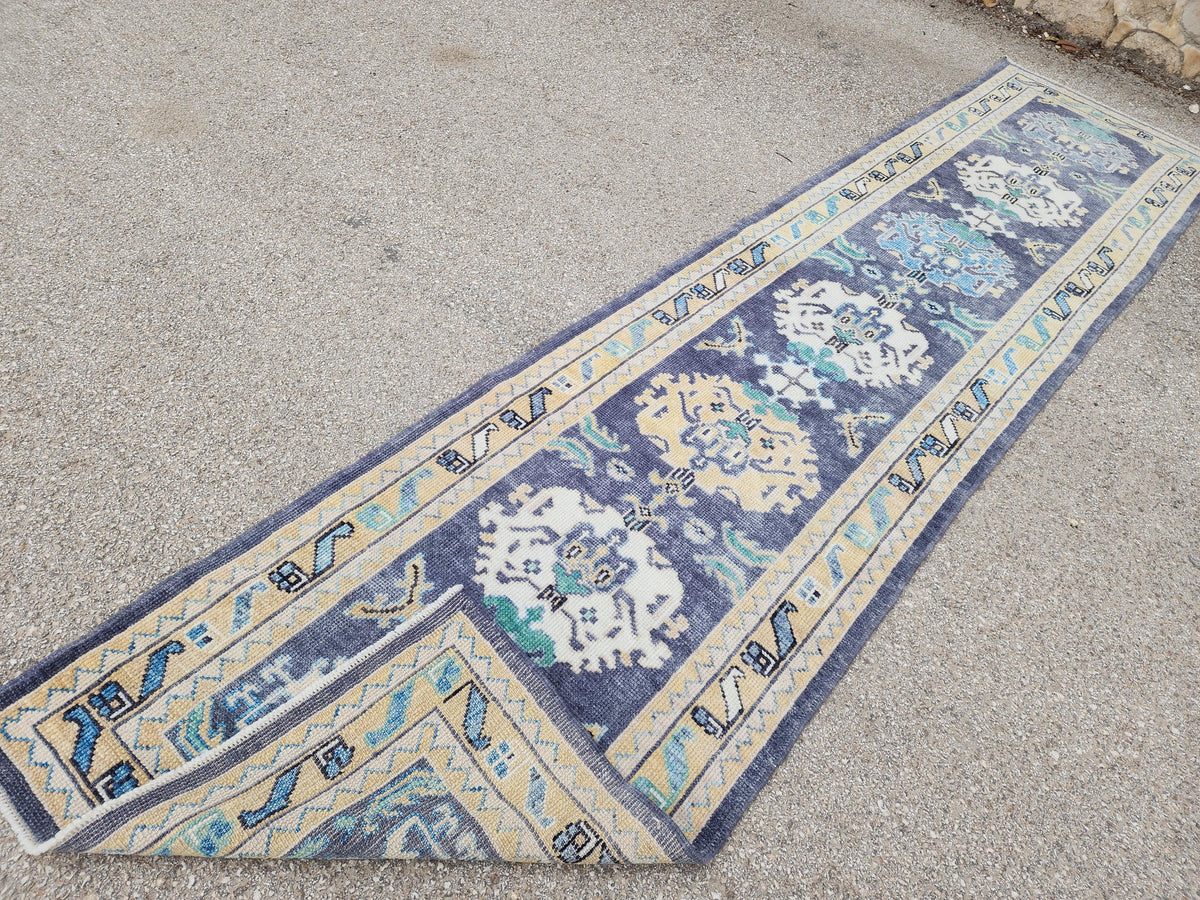 3x13 Turkish Runner, Up Cycled Wool Oushak Hand Made, Ocean Breeze Patina Blue Rug