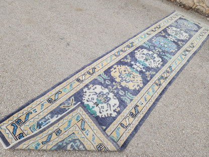 3x13 Turkish Runner, Up Cycled Wool Oushak Hand Made, Ocean Breeze Patina Blue Rug
