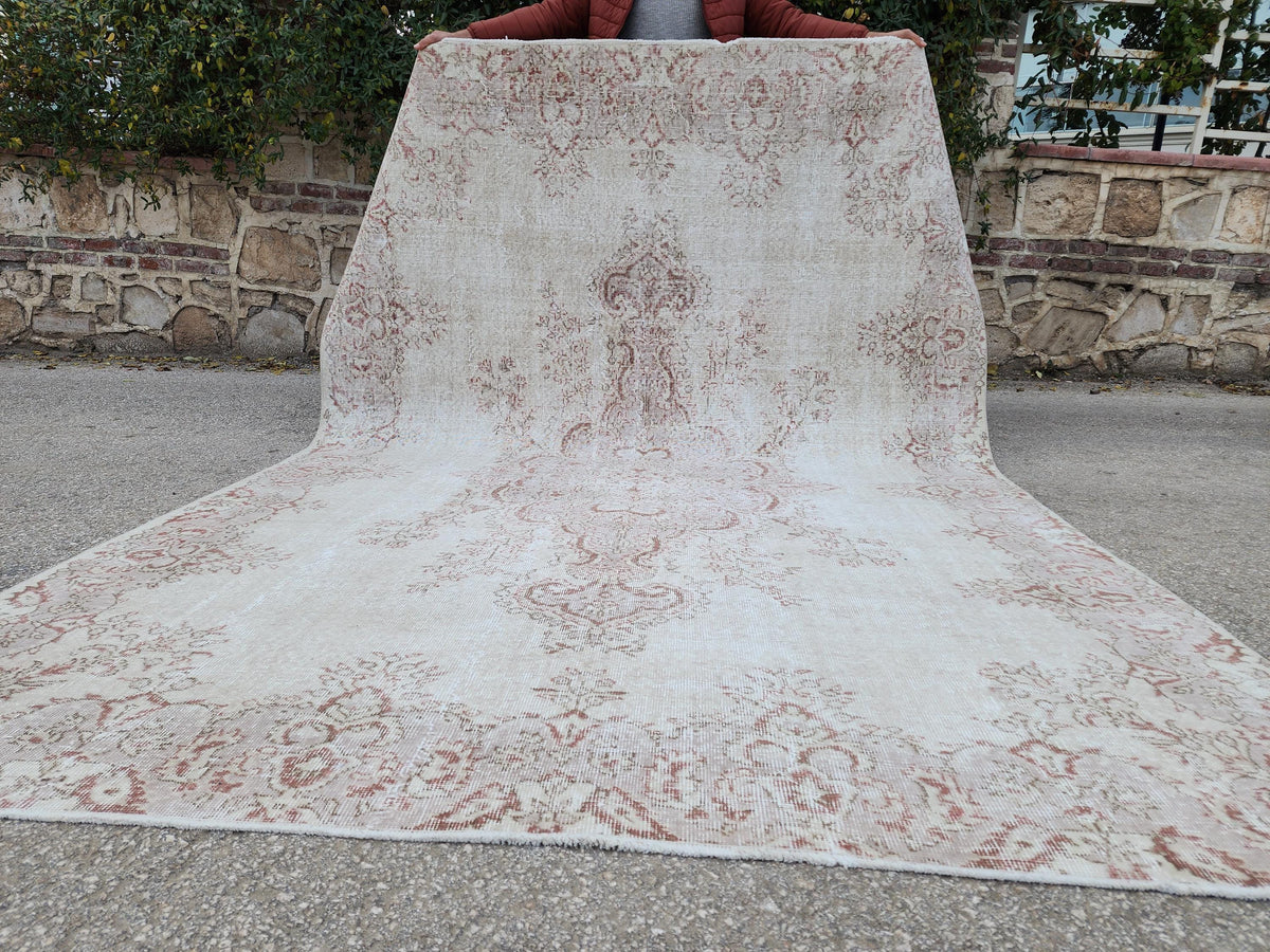 7x10 Medallion Oushak Rug: Turkish Hand Knotted, Farmhouse Beige and Faded Red Rug