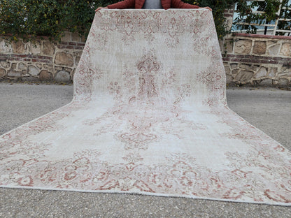 7x10 Medallion Oushak Rug: Turkish Hand Knotted, Farmhouse Beige and Faded Red Rug